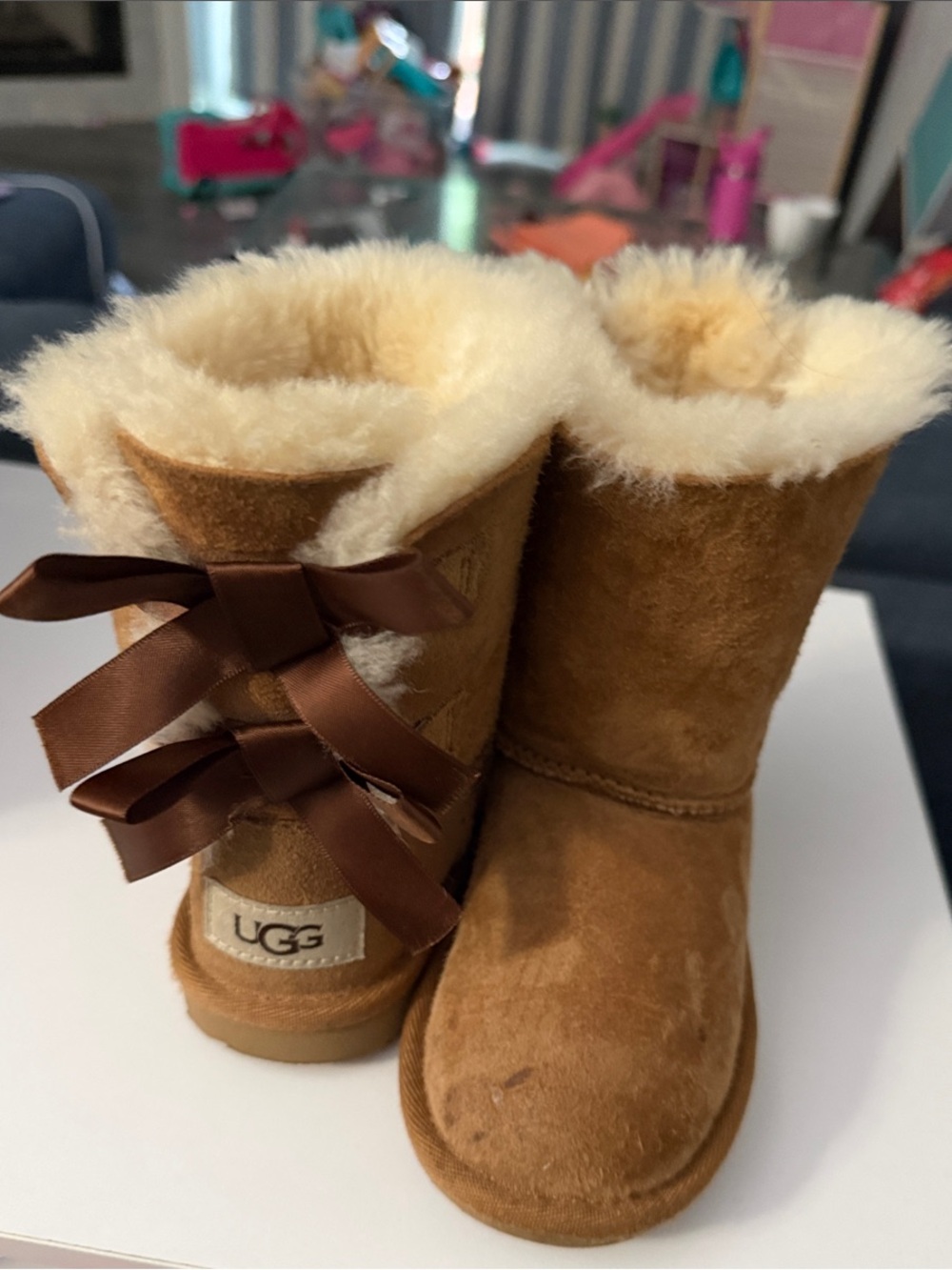 UGG Kids Chestnut Suede Bow Back Sheepskin Boots